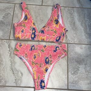 Floral Smocked High Waisted Bikini